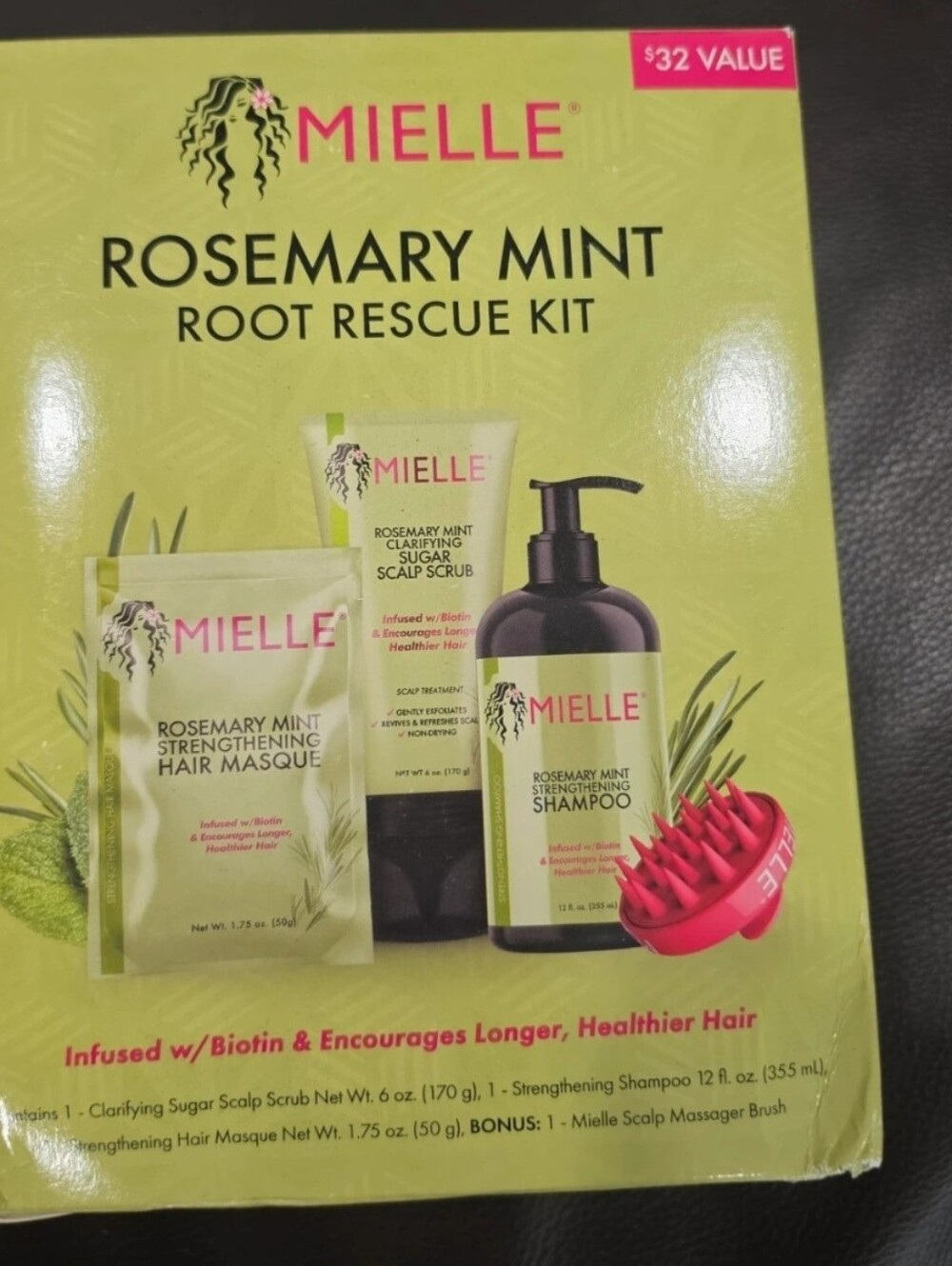 Mielle Rosemary Mint Root Rescue Kit 4pc Hair Care Set w Scalp Massager Biotin
